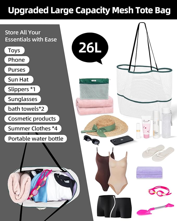 ToKismet Mesh Beach Tote Bag Packable,2026 New 2-in-1 Large Lightweight Foldable Beach Bags with Multiple Pockets for Women