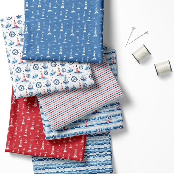 Nautical Patchwork Fabric Panel 100x155 cm – 100% Cotton Satin, 6 Coordinated Marine Prints on One Continuous Sheet for Quilting, Sewing & DIY Crafts (Maritime Style, 6pcs 50x50cm)