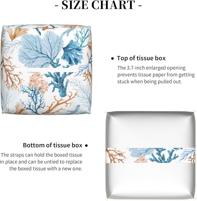 POIUBLE Tissue Box Holder Watercolor Blue Corals Tissue Box Cover Square Leather Tissue Holder Organizer Portable Decorative Facial Paper Case for Home Office Bathroom Vanity Countertop