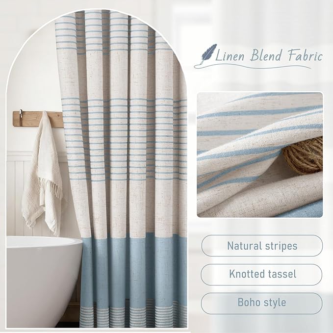 XOGUIBO Aqua Blue Shower Curtain Linen Coastal Ocean Striped Shower Curtains for Bathroom with Tassel 72 X 72