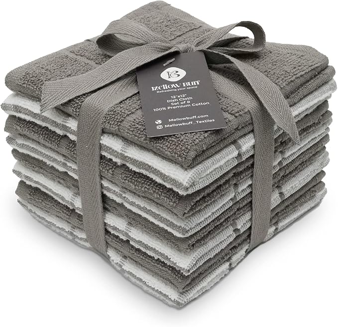 Mellow Buff 100% Cotton Terry Dish Cloth & Dish Towel, 6 Pack, Super Soft and Absorbent Kitchen Towels, Perfect for Kitchen Cleaning and Dish Washing (Grey (Solid and Checks) 8 Pack)