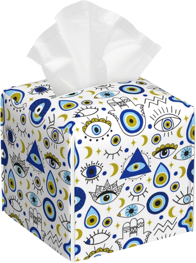POIUBLE Tissue Box Holder Magic Evil Eye Tissue Box Cover Square Leather Tissue Holder Organizer Portable Decorative Facial Paper Case for Home Office Bathroom Vanity Countertop