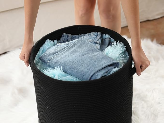 16" x 16" x 18" Extra Large Storage Basket with Lid, Cotton Rope Storage Baskets, Laundry Hamper, Cloth Bin, for Clothes Towels Blankets Pillows Storage in Living Room, All Black Basket with Cover