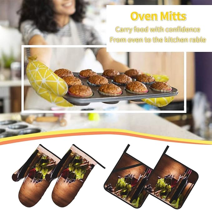 Vintage Glasses Wine Grapes Oven Mitts and Pot Holders Sets of 4 Vintage Grapes Kitchen Mitts Heat Resistant Oven Gloves Set Potholders for Kitchen Baking Grilling BBQ