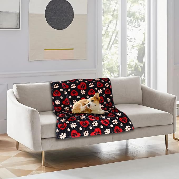 Gowyeg Dog Blankets for Large Dogs, 50"x40" Blanket Washable, Fuzzy Soft Pet Mat Throw Cover for Kennel Crate Bed, Cute Paw Pattern, Cat Blanket, Gifts Medium Small Pet Essentials, Black Red