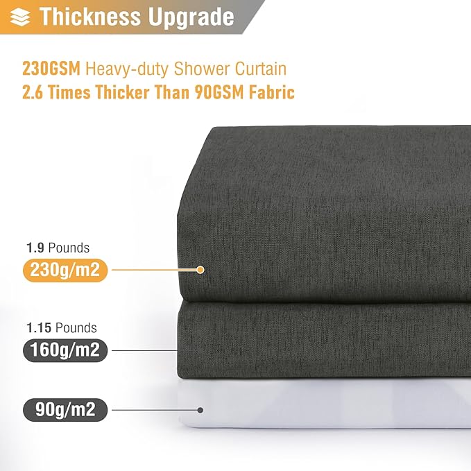 BTTN 78 Inch Long Shower Curtain, Gray Linen Textured Thick Weighted Fabric Shower Curtain Set with 12 Hooks, Tall Hotel Neutral Waterproof Polyester Shower Curtains for Bathroom, 72x78, Charcoal Grey