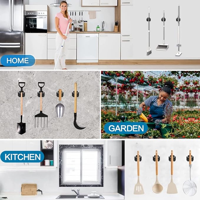 JAMEND CLXP 12PCS Broom and Mop Holder, Heavy Duty Garden Tool Organizer Rack Rake and Shovel Handle, Stainless Steel Mop Hanger. Wall Mounted Utility Rack with Screws, Silver