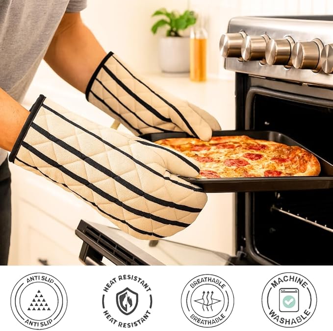Oven Mitts (Set of 2) | Heat Resistant Oven Gloves Kitchen,Safe for Baking, BBQ, Grilling | Cooking Gloves | Soft & Durable | Machine Washable (Black Stripe Print)