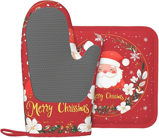 Oven Mitts and Potholders Christmas Snowman Silicone Glove Heat Resistant, Snow Birds Kitchen Gloves for Cooking, 2-Piece Set