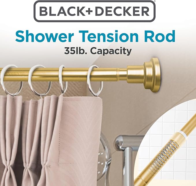 BLACK+DECKER Tension Shower Curtain Rod 42-72 Inch – Drill-Free Adjustable Curtain Rod, Rust-Resistant Stainless Steel Tension Curtain Rod for Shower, Bathroom, Window, Closet – 35 lb Capacity