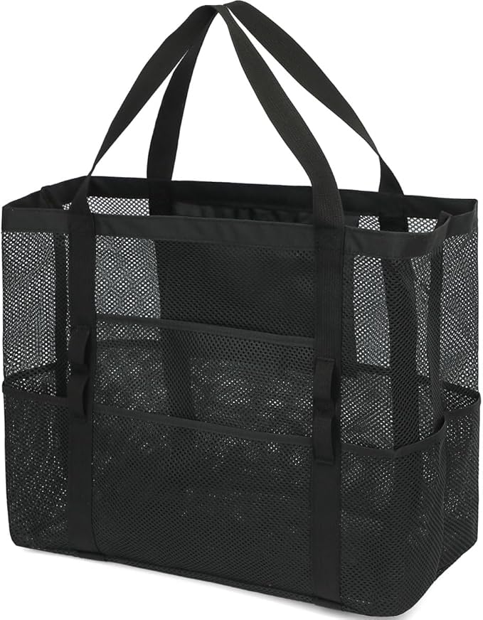 Fammart Mesh Beach Bag, Large Beach Tote with Zipper Pocket for Family Pool Bag for Toys & Vacation Essentials