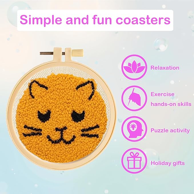 57lilina Punch Needle Coaster Kit for Adults Beginners, 6 Set Complete Animal Cat Punch Needle Stitching Embroidery Art Kit, Step-by-Step Guide Make Punch Needling Drink Coasters for Starter
