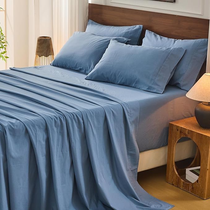 Bedlifes 100% French Flax Linen Sheets Set California King Size-6 Piece Extra Deep Pocket 18-24",Soft Breathable Cal King Bed Sheets with Temperature Regulating & Moisture-Wicking(Flint Blue