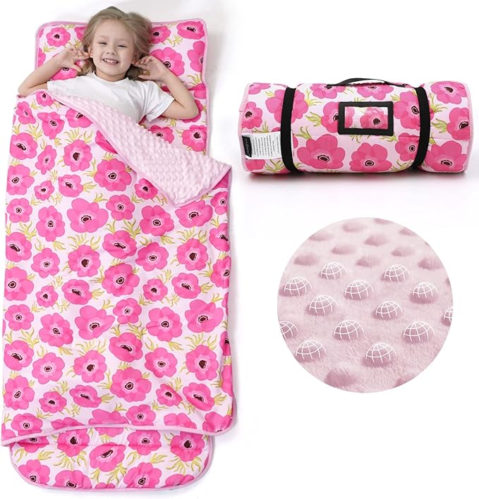 ACRABROS Toddler Nap Mat with Pillow and Blanket, Extra Large Rolled Napping Mats,Slumber Bags for Boys Girls,Kids Sleeping Bag for Daycare, Preschool Travel Camping,Gouache Floral