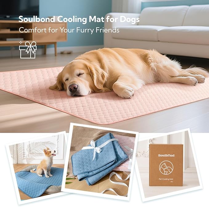 Soulbond Cooling Mat for Large Dogs - 29"x40" Washable Cooling Pad for Cats, QMAX>0.3, Anti-Slip Bottom, Portable Summer Cool Pet Bed Pad for Outdoor/Indoor/Cars/Travel Use, Ocean Blue