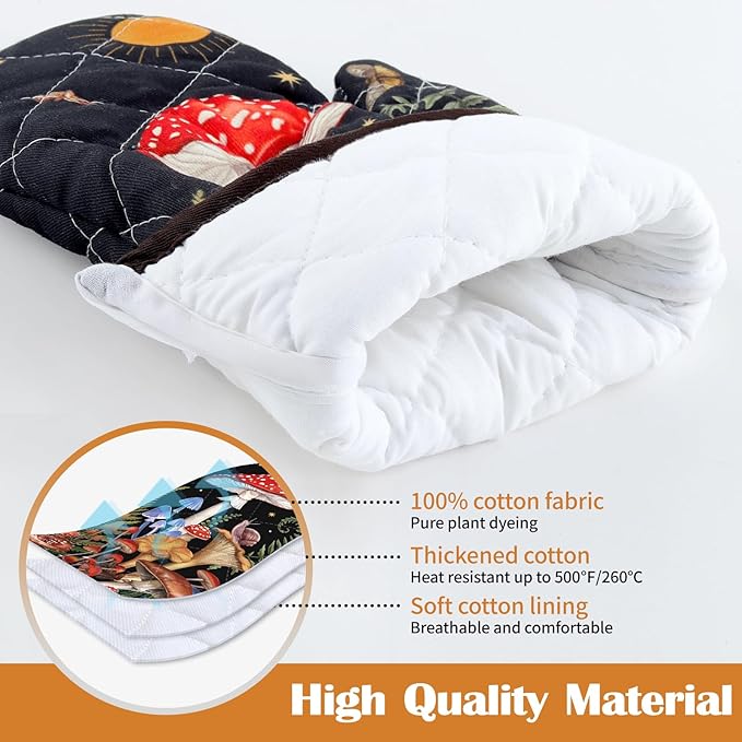Mushroom Grass Oven Mitts and Pot Holders Sets 2Pcs, 100% Cotton Heat Resistant, Extra Long Oven Gloves Potholder for Kitchen Cooking Baking Decoration