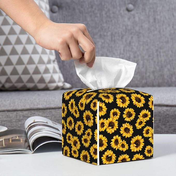 PVC Tissue Box Cover Holder,Sunflower Square Decorative Organizer,5.2"X5.2"X5.2" Tissue Case for Bathroom,Tabletop,Car,Office