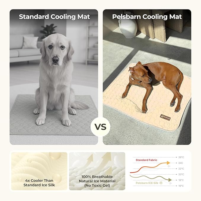 Pelsbarn Dog Cooling Mat- Ice Silk Summer Comfort, Self Cooling, Non-Slip Dog Pad, Durable & Washable, Mat for Small Dogs 18"" x 21"", Support Shelter Dogs with Every Purchase (Beige)