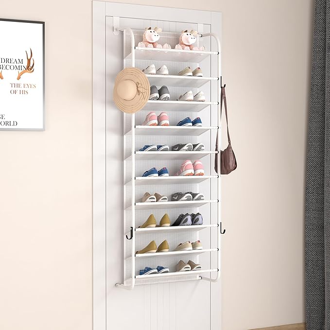 MUOU 10 Tier Shoe rack Hanging Shoe Storage the door shoe rack for Closet Pantry Over The Door Shoe Organizer Wall Floating Shelves (White, 10 Tier)