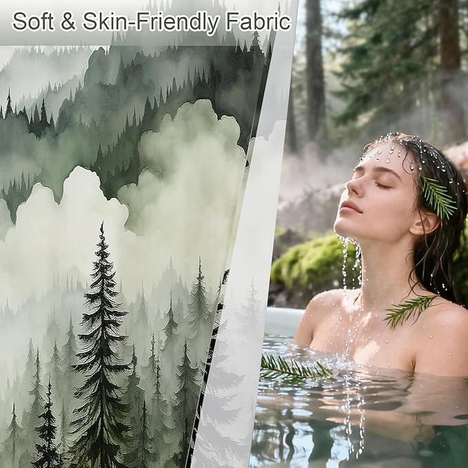 Litabel Dark Green Misty Pine Forest Shower Curtain, Mountain Foggy Woodland Scenery Tree Shower Curtains for Chic Rustic Bathroom, Abstract Modern Waterproof Nature-Themed Decor, 72x72 Inches