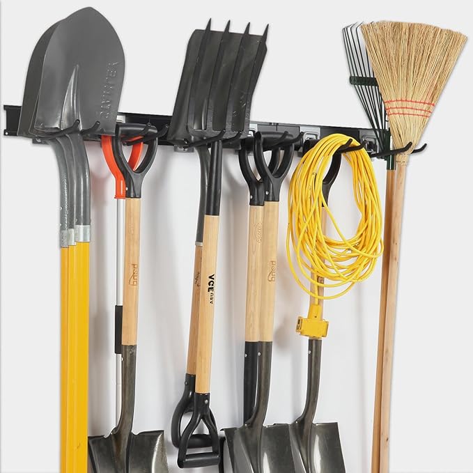 Aking Ace Garage Organization Wall Mount,96inch Garden Tool Organizer with 6 Clamping Hooks, Heavy Duty, Garage Hanging Storage Rack for Yard Tools, Shovel, Shed, Hold Up to 420lbs (96Inch Black)