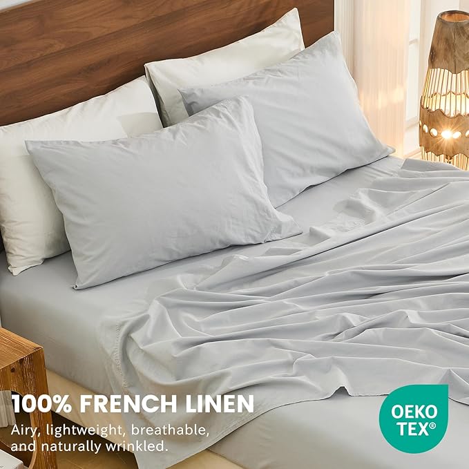 Bedlifes 100% French Linen Sheets California King Size 18-24" Extra Deep Pocket 4-Piece Set Breathable & Moisture-Wicking,Soft & Durable Sheets for Thick Mattresses(Grey)