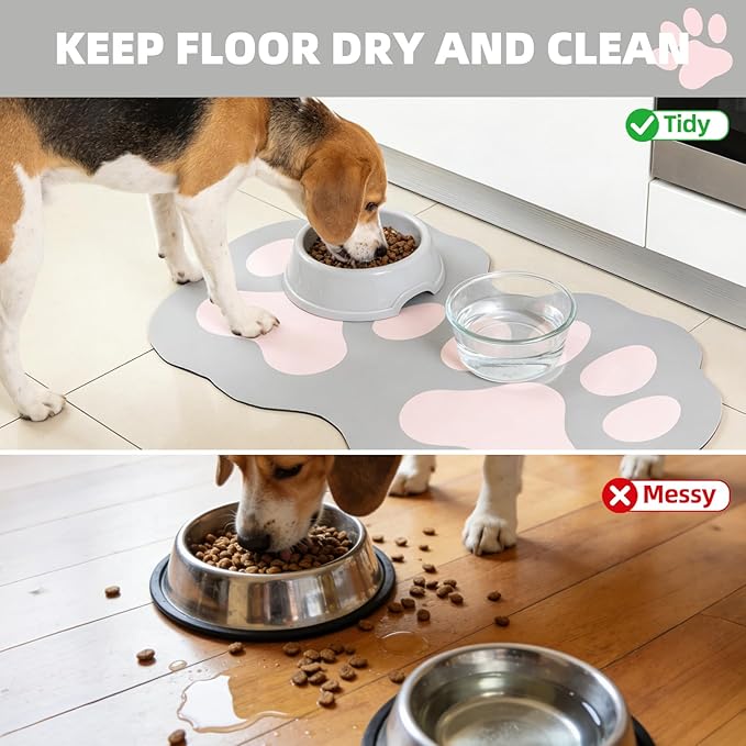 PUPTECK Dog Food Mat, Quick Absorbent Pet Cat Feeding Mat, Anti-Slip Dog Placemat for Food and Water Bowls with Rubber Backing, No Stains Floors Waterproof Indoor, LightGrey & Pink 16"x24"