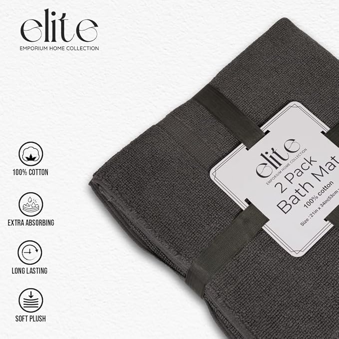 ELITE Emporium Home Collection 2-Piece Cotton Bathroom Mat Set, 21" x 34" - 100% Cotton, Absorbent, Quick-Dry, Bath Towel Mats for Floor, Charcoal Grey [Not a Bathroom Rug]