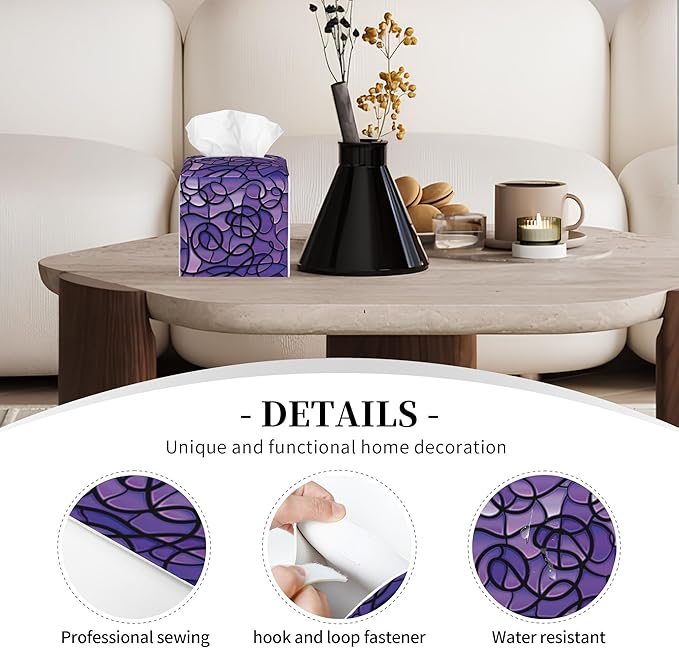 POIUBLE Abstract Purple Stained Glass Tissue Box Cover Leather Tissue Box Holder Square Facial Paper Organizer Dispenser for Bathroom Kitchen Bedroom Vanity Countertop Night Stands