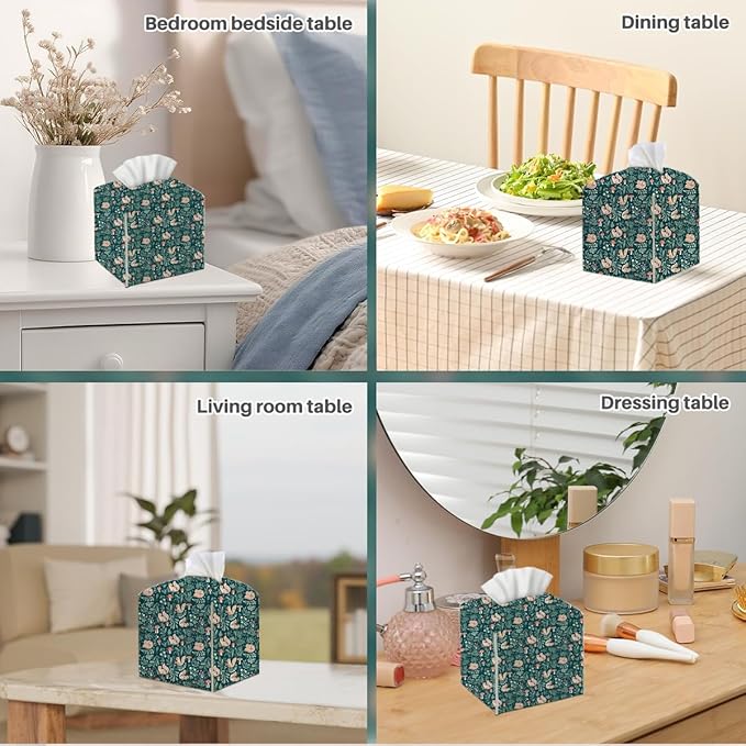 Tissue Box Cover, Tissue Box Holder, Square with Belt Bottom, PU Leather Decorative Organizer for Desk, Tabletop, Countertop Bathroom, Toilet Car, Office Dresser Kitchen, Squirrel Plant Mushroom Decor