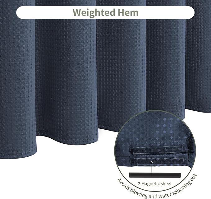 Inhousolu Fabric Shower Curtain Waffle Weave, Navy Blue 230 GSM Heavy Duty, Weighted Hem, 8 Metal Hooks, Water Repellent, Machine Washable, Hotel Spa Luxury Bath Curtain Set, 36 x 72 Inch