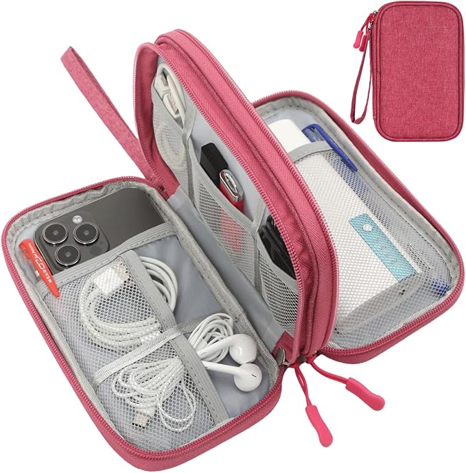 CAAORDKSO Small Cable Organizer Bag, Charger Organizer Case Pouch Travel Bag, Waterproof Electronics Accessories Case for USB, Cable, Cord, Charger, Phone, Power Bank, Earphone (Rose Red, Medium)