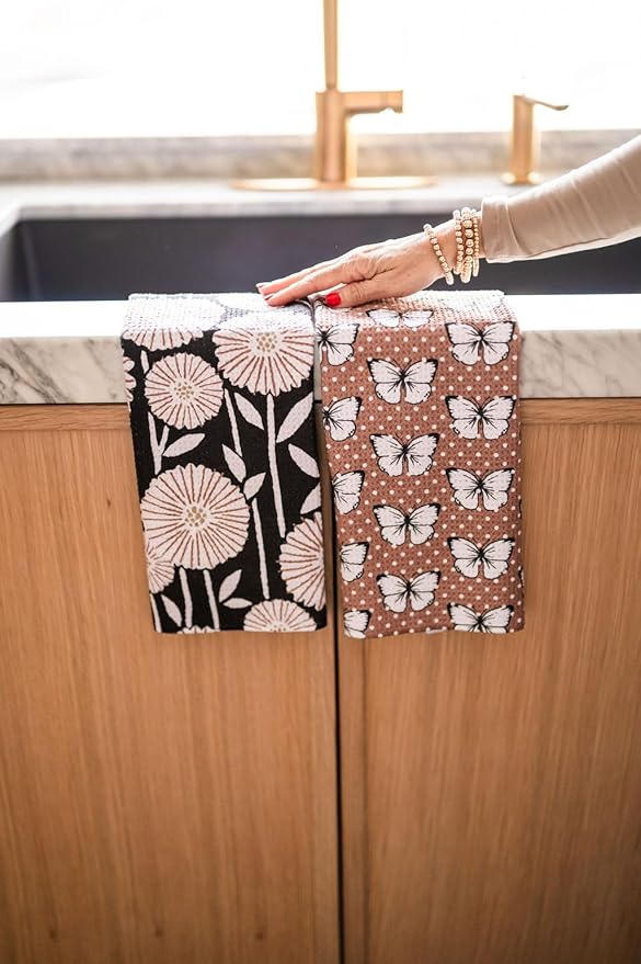Desert Aqua || 2 Pack Double Sided || Not Your Ordinary Dish Towels || Waffle Weave Microfiber || Tea Towels || Highly Absorbent || Hanging Loop || Dish Cloths || Designer Prints|| Butterflies