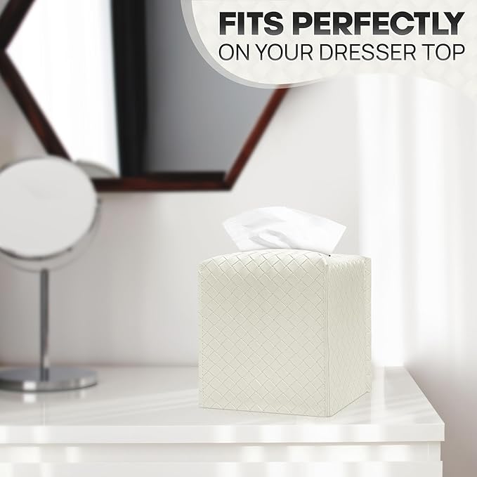 Tissue Box Cover Holder, PU Leather Tissue Box Cover with Braided Pattern, Square Tissue Holder with Bottom Belt, Modern Organizer for Bathroom, Car, Office, Tabletop (White., 12 Braided Patterns)