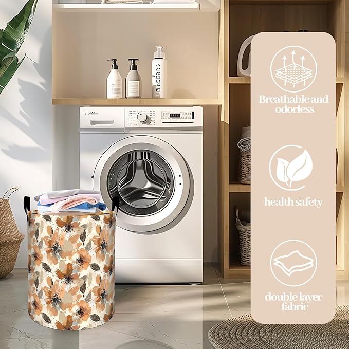 Strong Bison in Birch Forest with Floral Laundry Basket 19.7"x15.7", Collapsible Dirty Clothes Waterproof Laundry Hamper Organizer Toy Storage Bin for Dorm Nursery Bathroom Decor