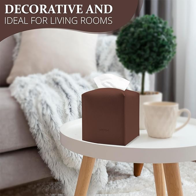 Tissue Box Cover, PU Leather Tissue Box Holder with Bottom Belt, Modern Square Tissue Box Covers with Wide Opening (Brown, Woven Patterns)