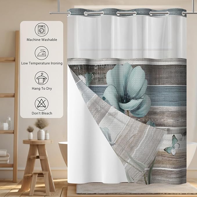 GICDSU No Hook Shower Curtain with Snap in Liner, Waffle Shower Curtain Set for Bathroom, Turquoise Floral Style with Semi-Sheer Top Window, Waterproof & Washable, 59" W x 75" L