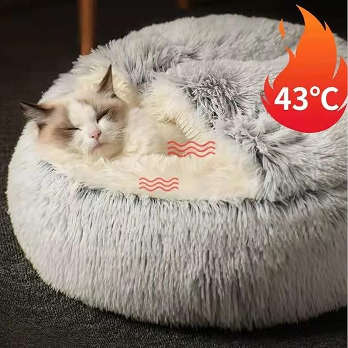 SUOXU Cat Beds for Indoor Cats,Plush Hooded Cat Cave for Puppy Kitty Small Dog Bed,Removable Washable Non-Slip Bottom Self Warming Round Fluffy Faux Fur Super Soft Calming Sleeping Pet Bed(Gray)