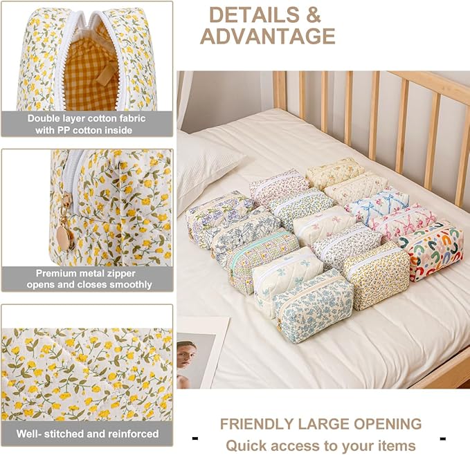Gleyemor Small Quilted Makeup Bag for Women, Cute Floral Bow Cosmetic Bag, Emergency Bag Travel Toiletry Cotton Pouch Gifts for Girls Her Mom Friend Sister Bridesmaid (Yellow Small Flower)
