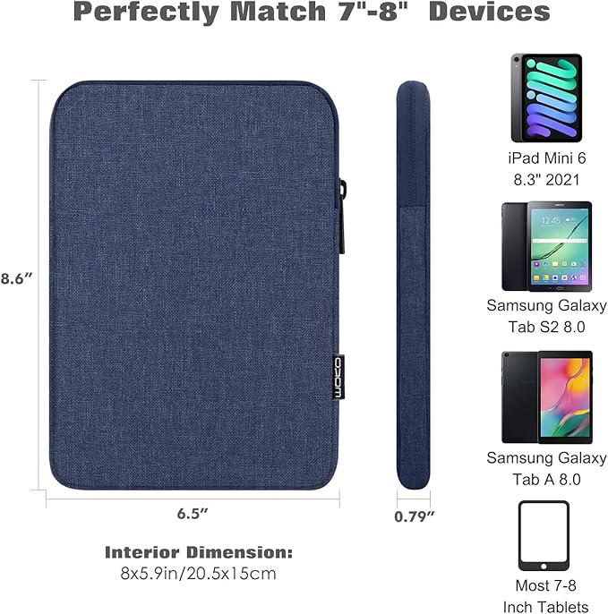 MoKo 7-8 Inch Tablet Sleeve Bag, Polyester Pouch Cover Case Fits iPad mini (A17 Pro) 8.3" 2024, iPad mini 6/5/4/3/2/1, Samsung Galaxy Tab S2 8.0, Tab A 8.0, ZenPad Z8s 7.9,Navy Blue