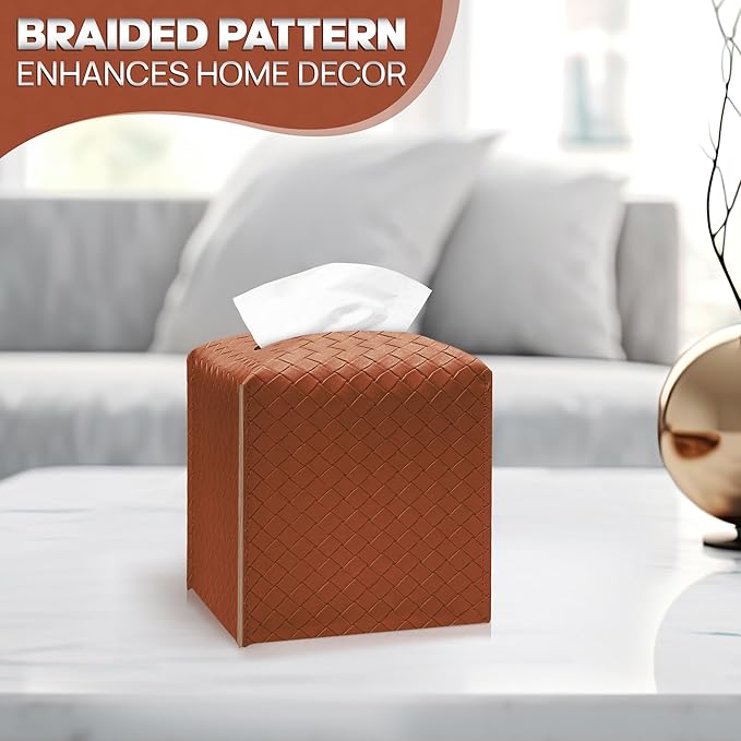 Tissue Box Cover Holder, PU Leather Tissue Box Cover with Braided Pattern, Square Tissue Holder with Bottom Belt, Modern Organizer for Bathroom, Car, Office,(Saddle Brown, 12 Braided Patterns)