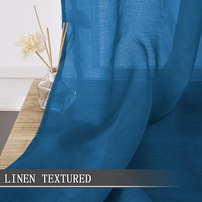 Tollpiz Sheer Curtains Linen Textured Bedroom Curtain Sheers Light Filtering Rod Pocket Voile Curtains for Living Room, 54 x 63 inches Long, Classic Blue, Set of 2 Panels