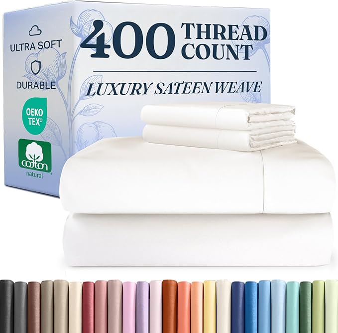 400 Thread Count Cotton Sheet Set - Cal King Size 100% Cotton Sheets - Easily Fits 8" to 16" Mattress - Silky-Soft, Wrinkle Free, Breathable & Comfy - Deep Pockets & Hotel Quality Bedding Set - White