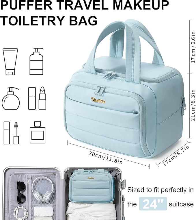 Bagstellar Travel Toiletry Bag, Lightweight Wide-open Large Puffy Toiletry Bag for Women, Quilted Makeup Bag Organizer Water-resistant Cosmetic Bag with Handle for Toiletries, Essentials, Accessories