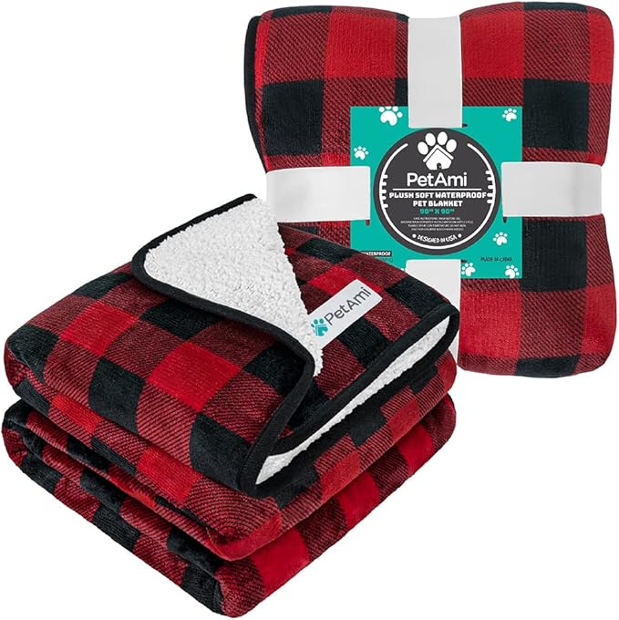 PetAmi Waterproof Dog Blanket Sherpa Fleece, Pet for Medium Large Dogs, Reversible Cat Throw Bed Couch Sofa Furniture Protector, Soft Plush Microfiber (Queen 90x90, Checker Red) Checkered Red