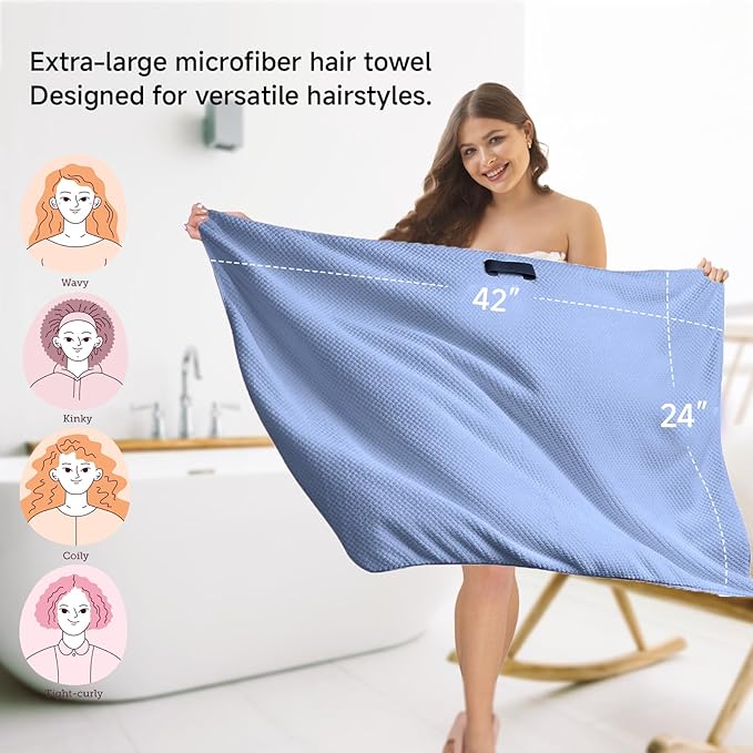 Netcken Large Microfiber Hair Towel Wrap & Satin Bonnet Set for Women, Ultra Absorbent Turban 24x42 Inches & Adjustable Night Cap for Curly Hair, Prevents Frizz & Breakage, Stocking Stuffers