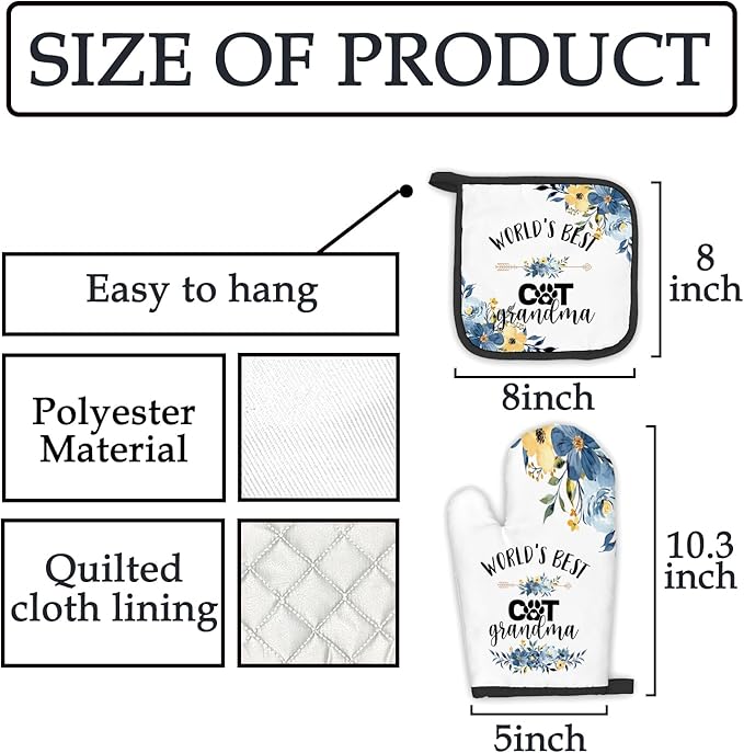 Cat Grandma Gifts Oven Mitts and Pot Holders Sets, Gifts for Cat Grandma, CatLovers Kitchen Decor Accessories Sets, World’s Best CatGrandma Heat Resistant Oven Glove Potholders for Kitchen