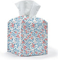 Tissue Box Cover, Tissue Box Holder, Square with Belt Bottom, PU Leather Decorative Organizer for Desk, Tabletop, Countertop Bathroom, Toilet Car, Dresser Kitchen, Aesthetic Pink Blue Flower Decor