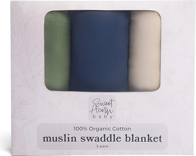 Sweet Acorn Muslin Swaddle Blanket – Soft Cotton Muslin Baby Blanket for Newborns, Infants, and Toddlers, All-Season Comfort Baby Essential - Green, Blue, White