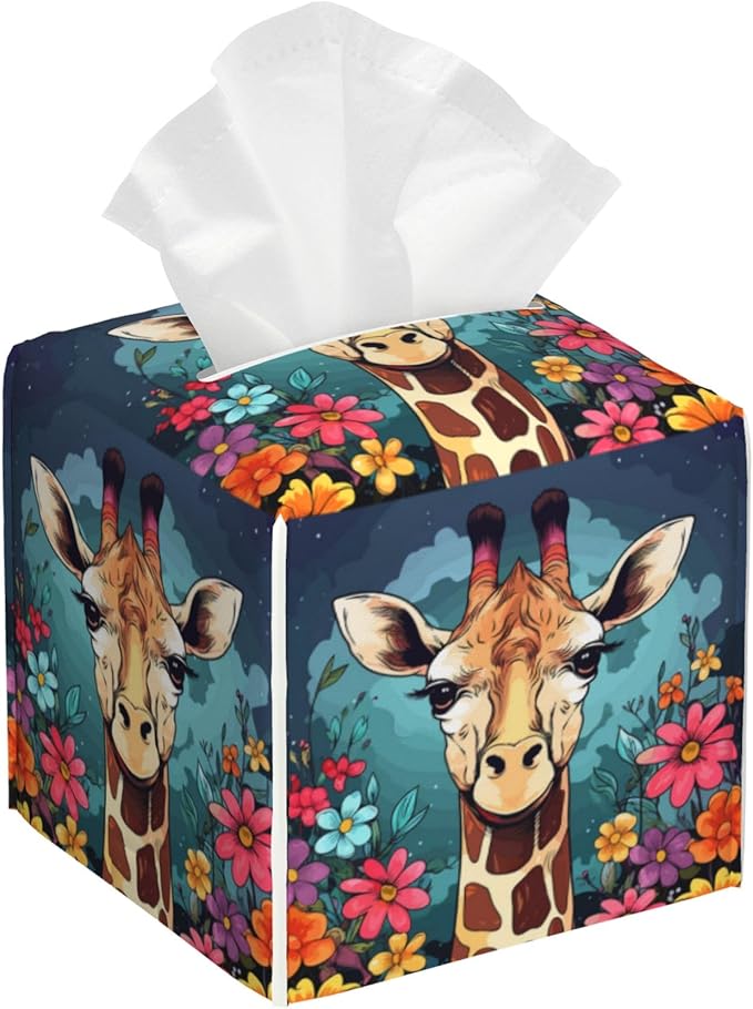 POIUBLE Giraffe with Flowers Tissue Box Cover Leather Tissue Box Holder Square Facial Paper Organizer Dispenser for Bathroom Kitchen Bedroom Vanity Countertop Night Stands